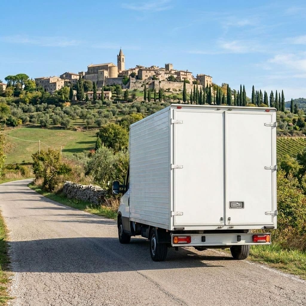 Traslochi nel Lazio da Roma — furgone bianco Freccia SRL su una strada di campagna con borgo